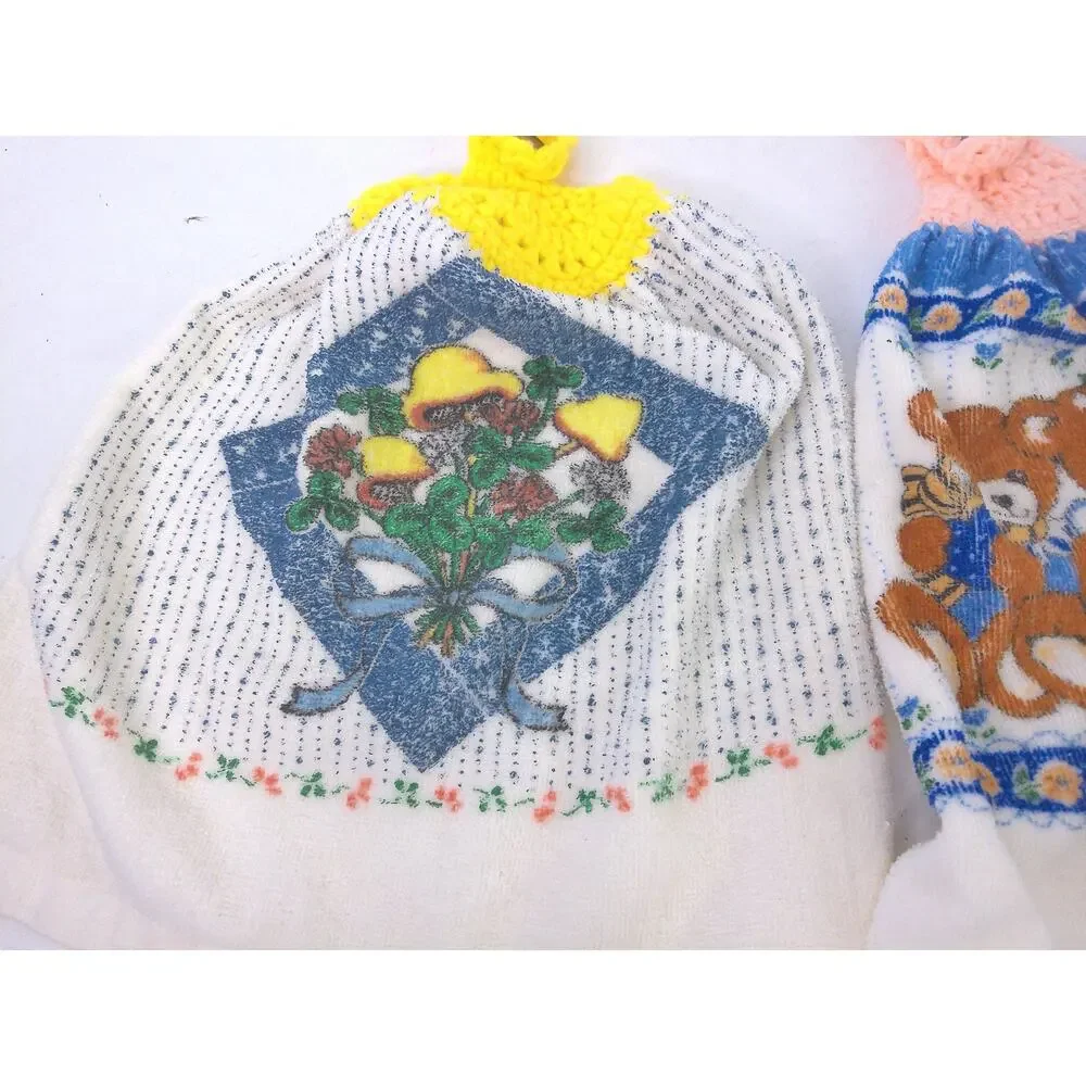 Vtg Franco Royal Crochet Top Kitchen Hand Towels Mushroom Teddy Bear Set Of 2